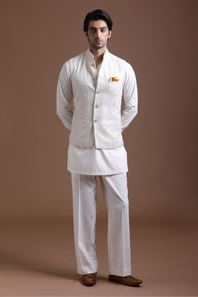 White Pintuck Nehru Jacket