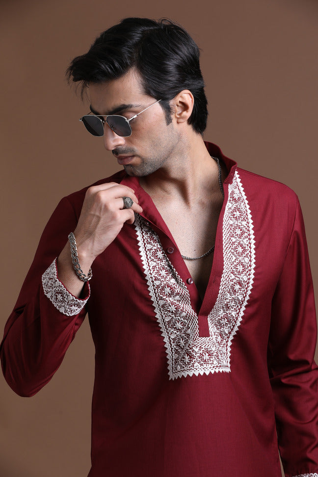 Maroon Hand Embroidered Kurta