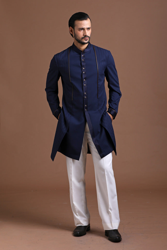 Navy Blue Thread Detailing Sherwani Cut Kurta