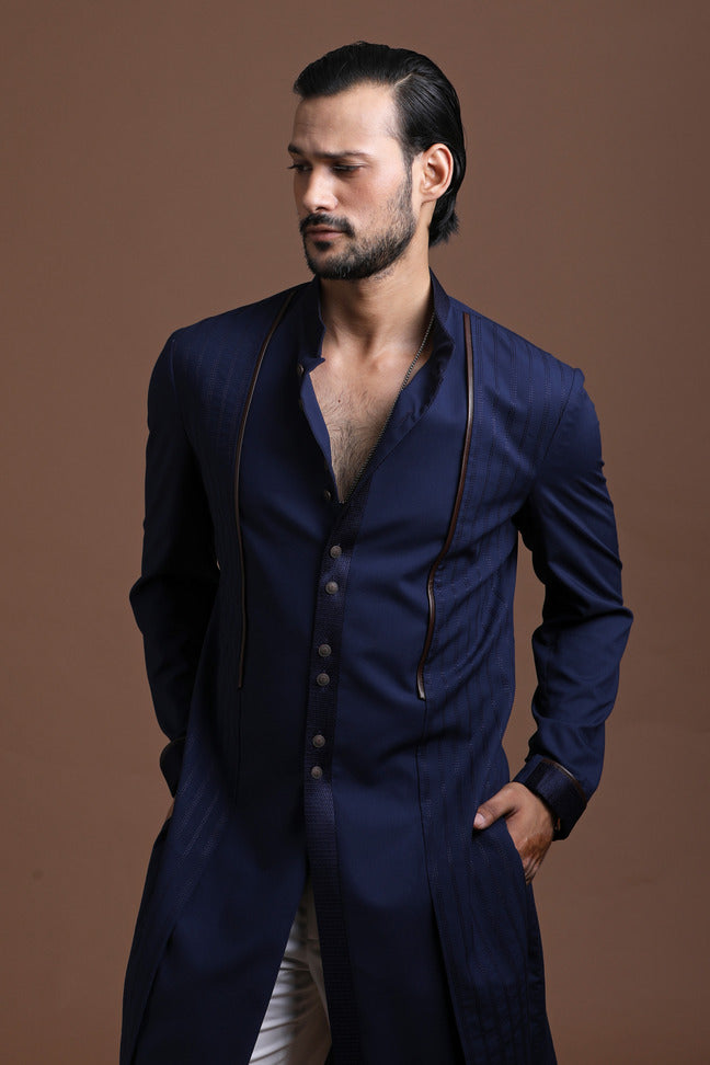 Navy Blue Thread Detailing Sherwani Cut Kurta