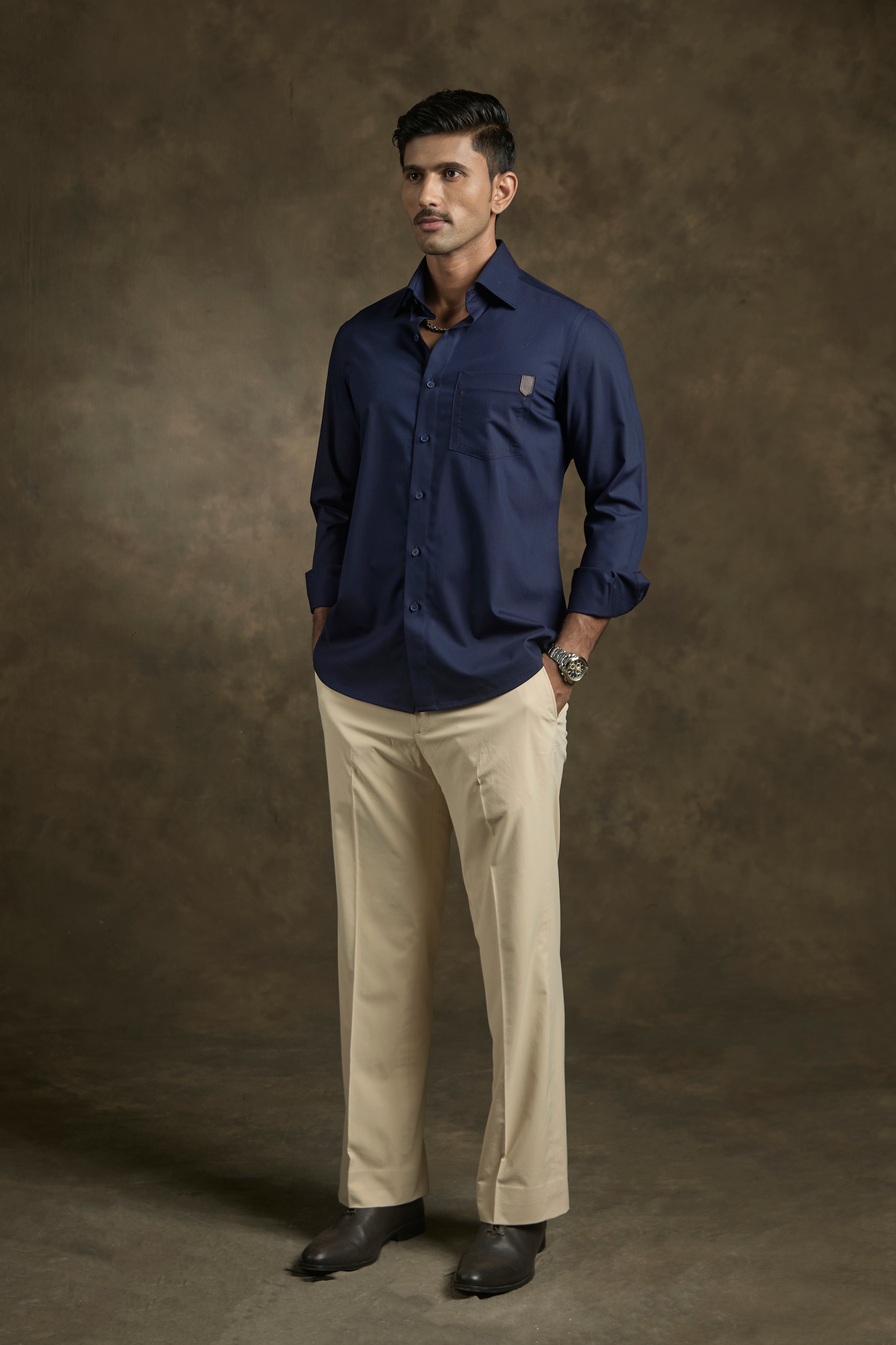 Navy Blue Shirt with leather pocket patchwork