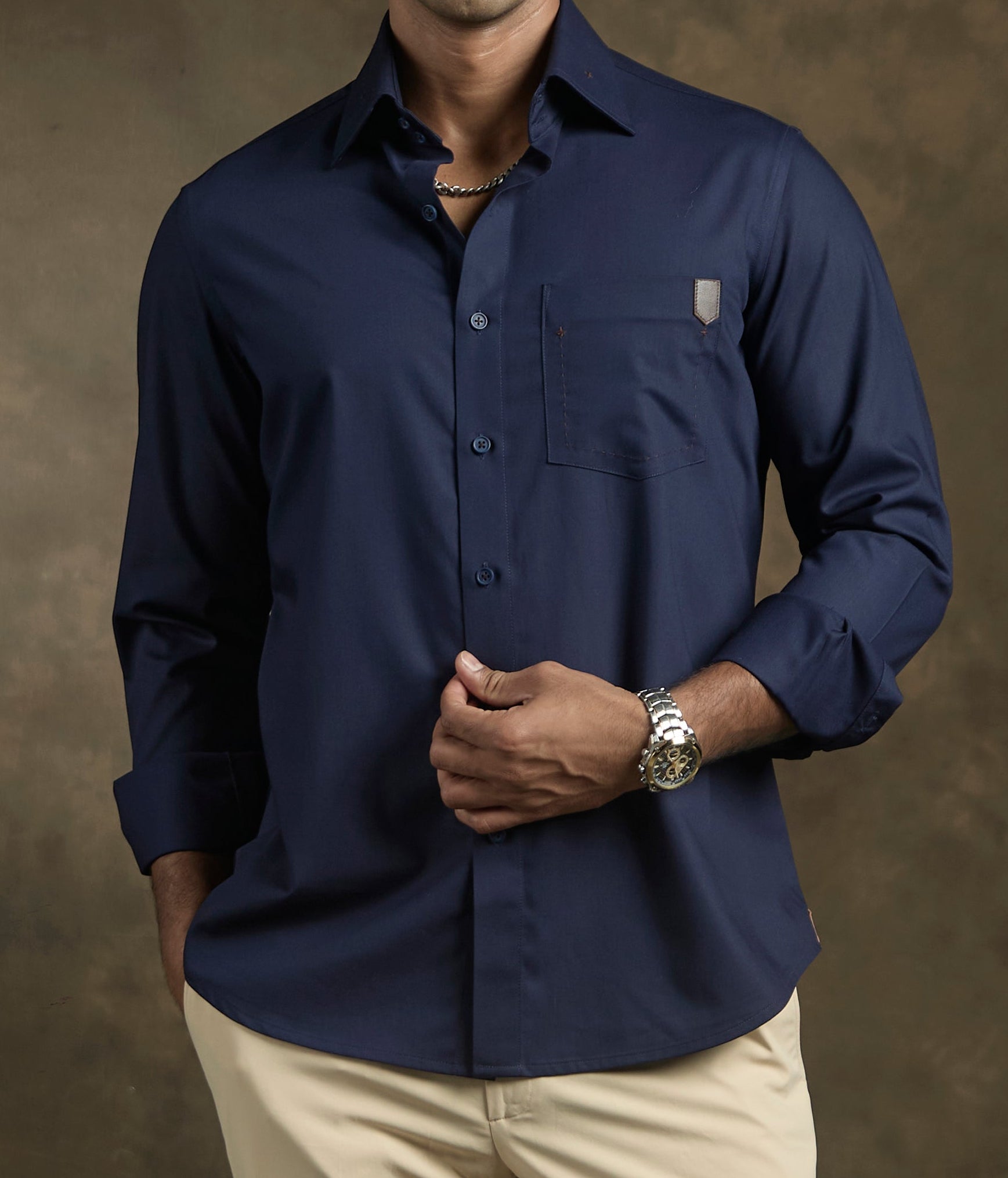 Navy Blue Shirt with leather pocket patchwork