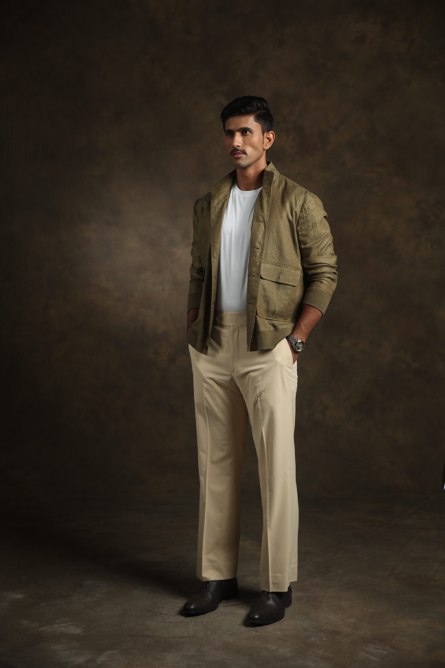 Olive Linen Bomber Jacket