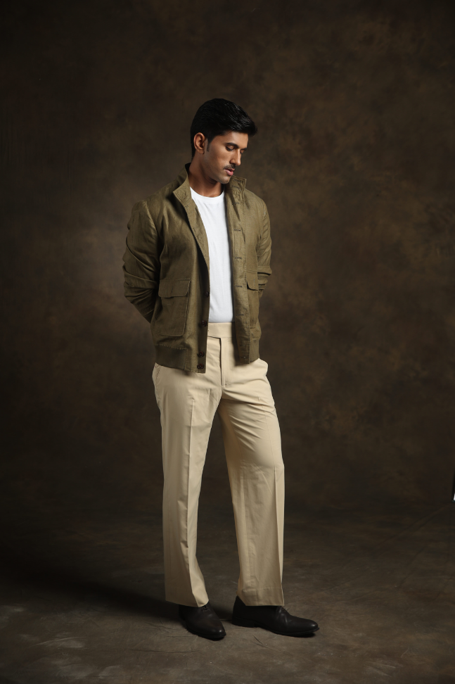 Olive Linen Bomber Jacket