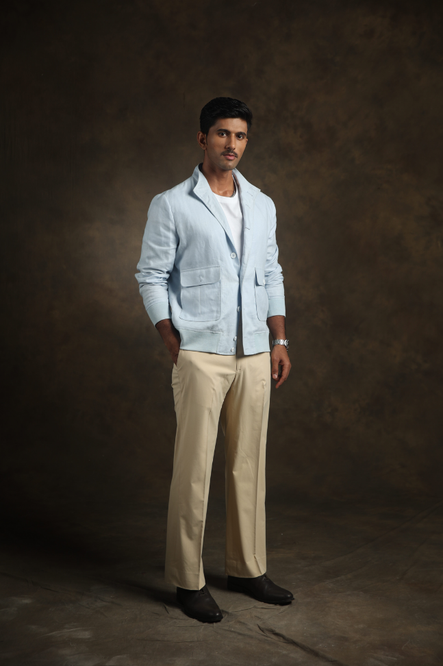 Sky Blue Linen Bomber Jacket