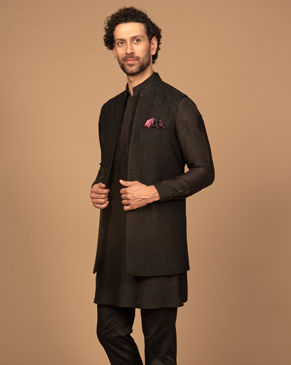 Black Geometric Embroidered Open Nehru Jacket Kurta Set