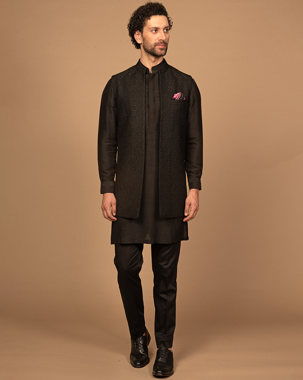 Black Geometric Embroidered Open Nehru Jacket Kurta Set