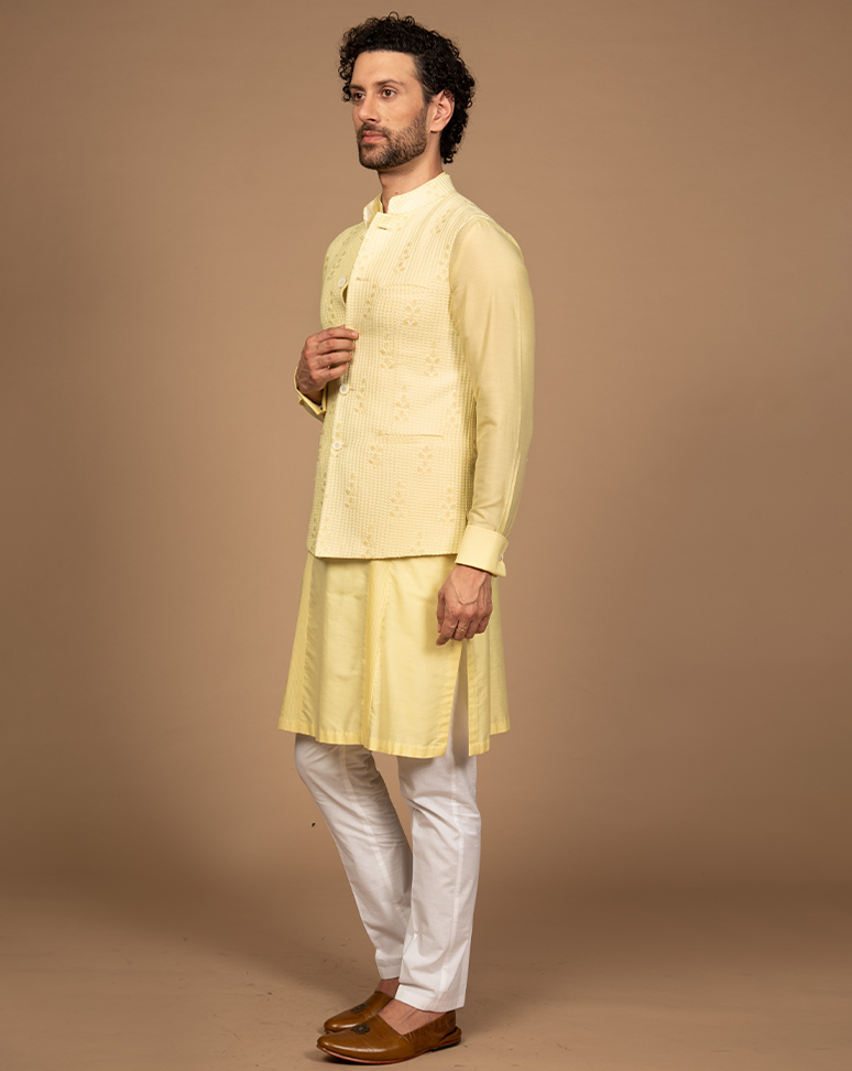 Bright Yellow Nehru Jacket Kurta Set