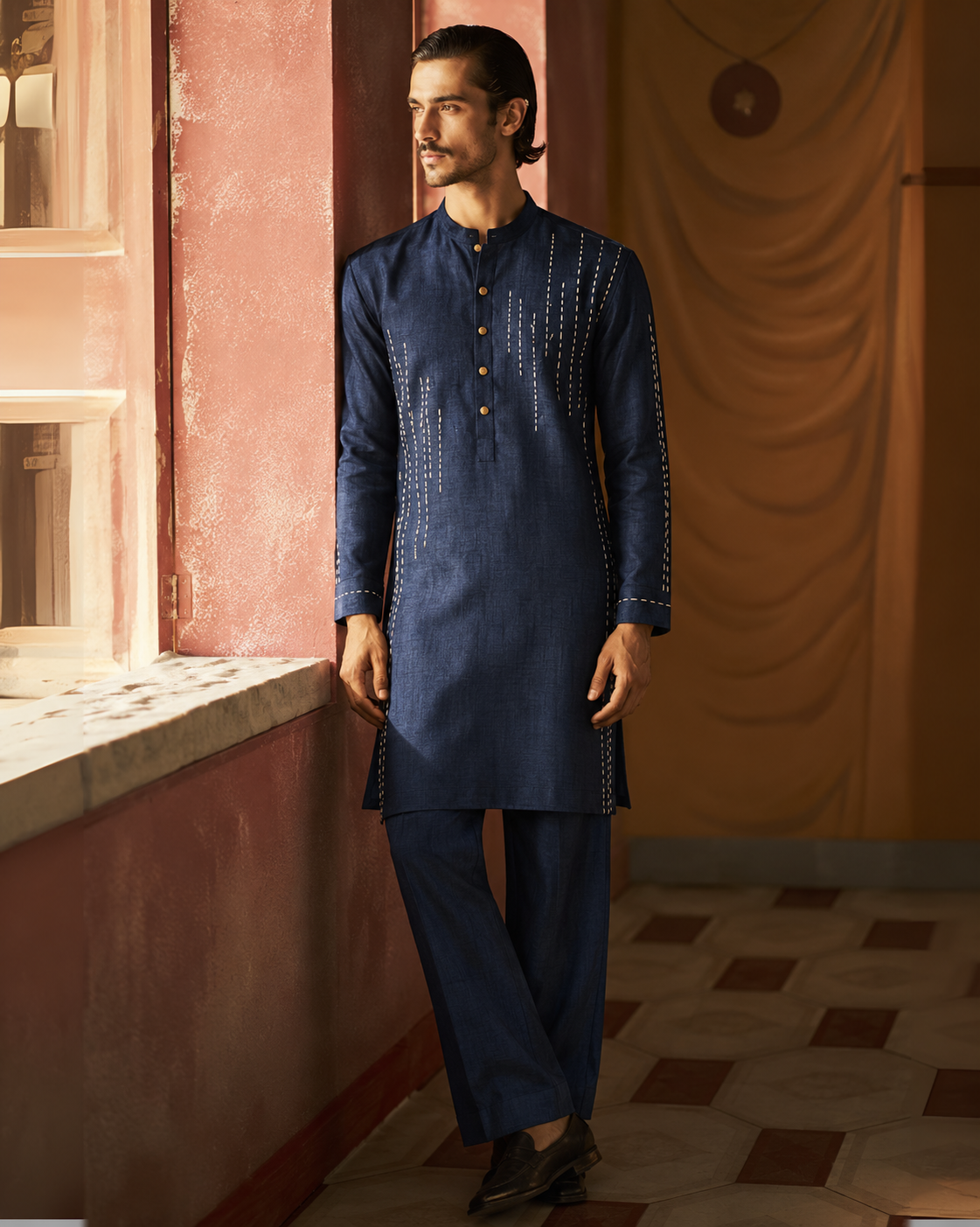 Navy Linear-Stitch Kurta