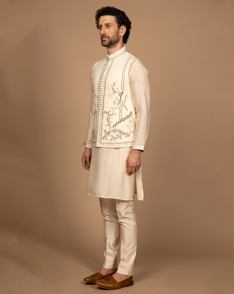 Beige Embroidered Jacket Kurta Set