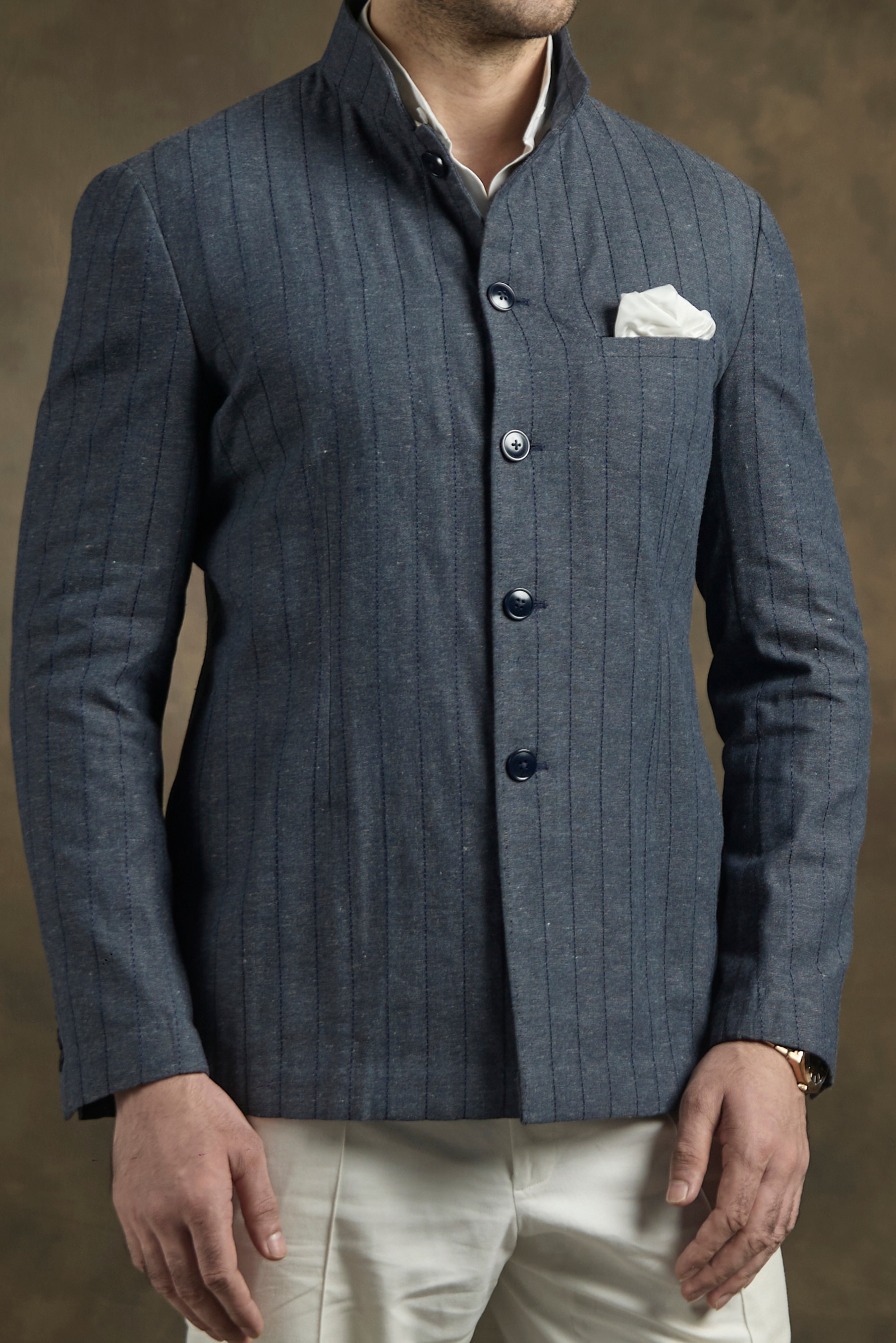 The Zenith Striped Bandhgala in Royal Blue