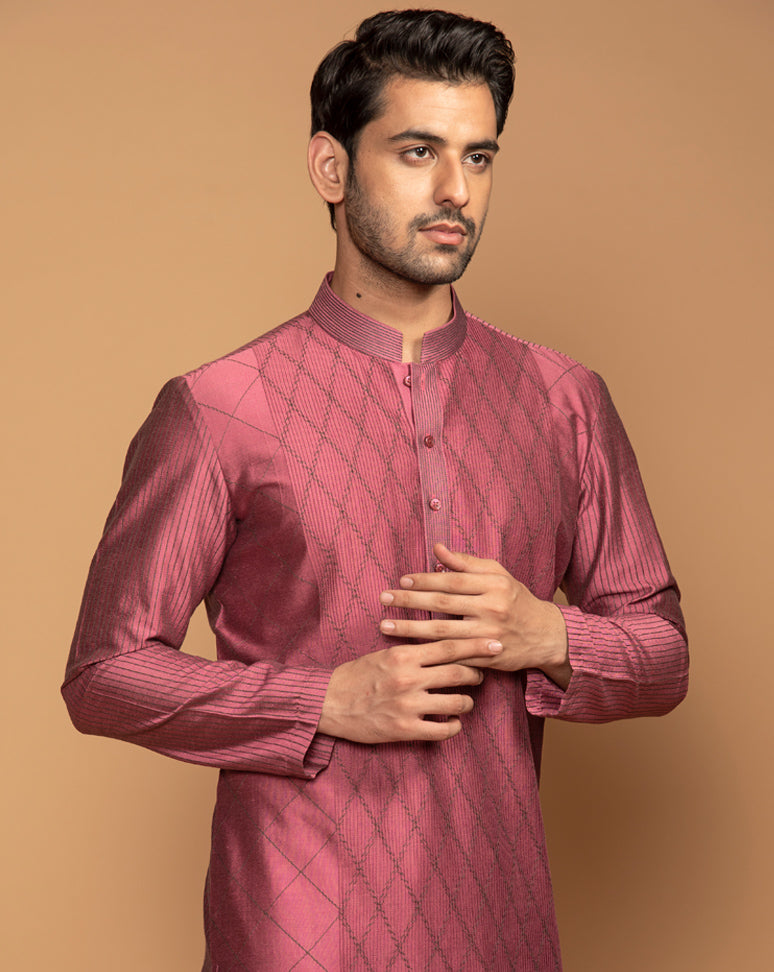 Rose pink multi stitch kurta