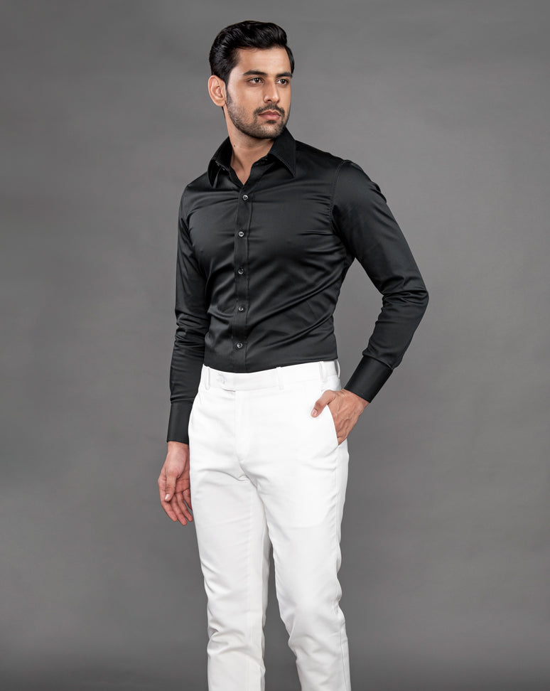 Black cotton shirt with high twist fabric for that wrinkle free effect.