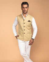 Beige Nehru Jacket with shirt and pants.