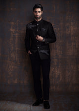 Jet black designer bandgala suit.
