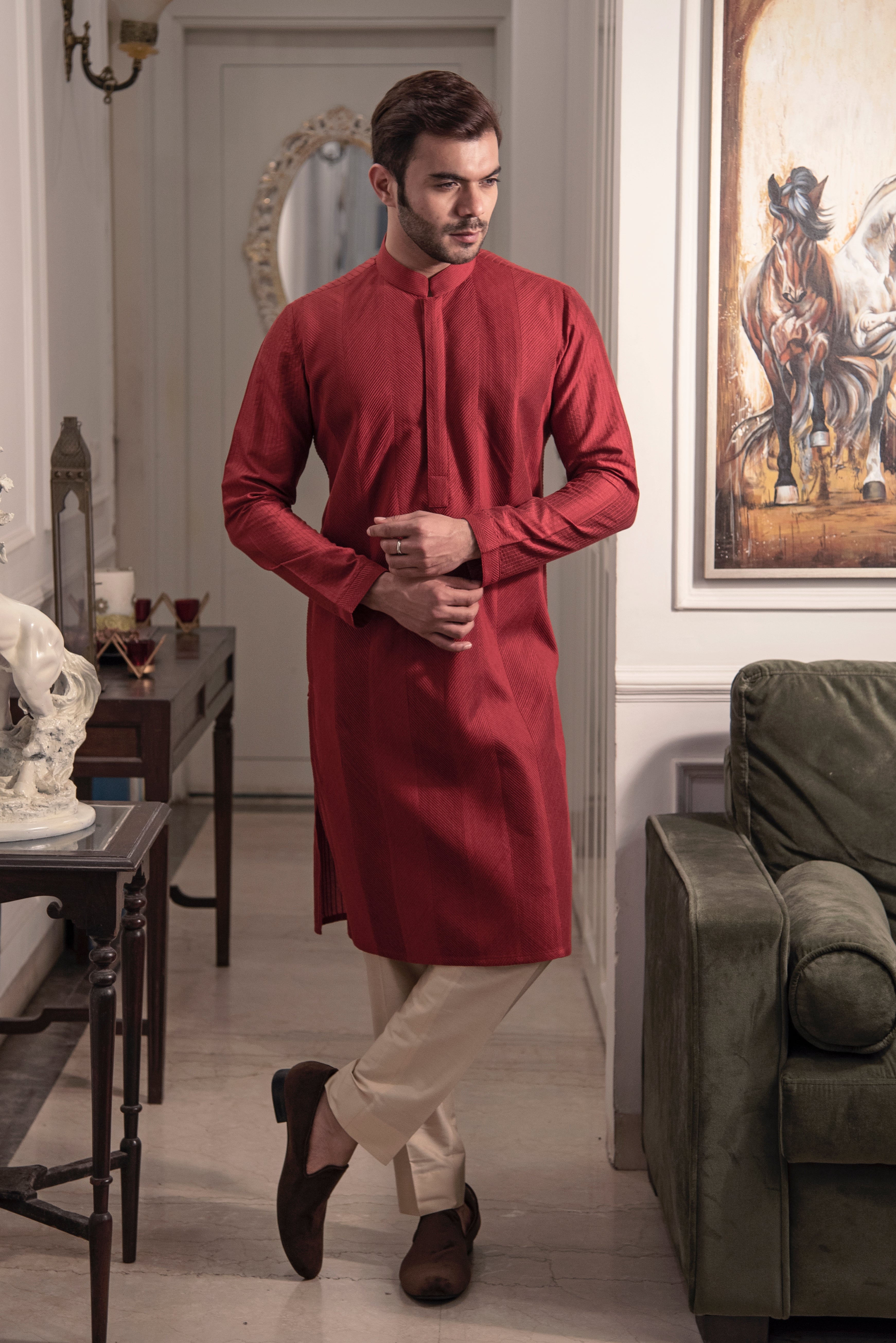 Red pin tuck kurta.