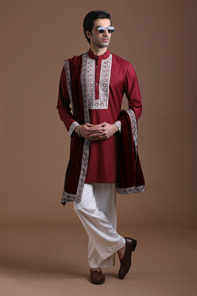 Maroon Hand Embroidered Kurta Set