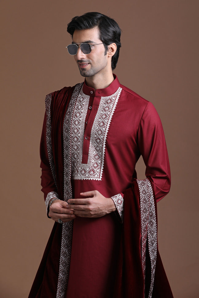 Maroon Hand Embroidered Kurta Set