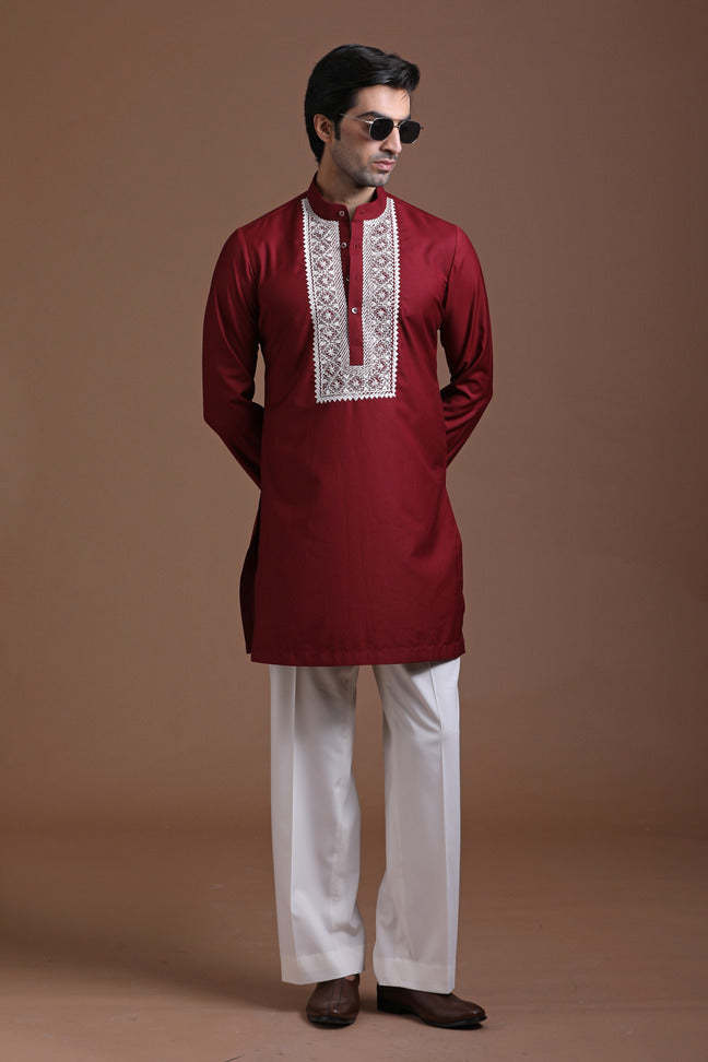 Maroon Hand Embroidered Kurta Set