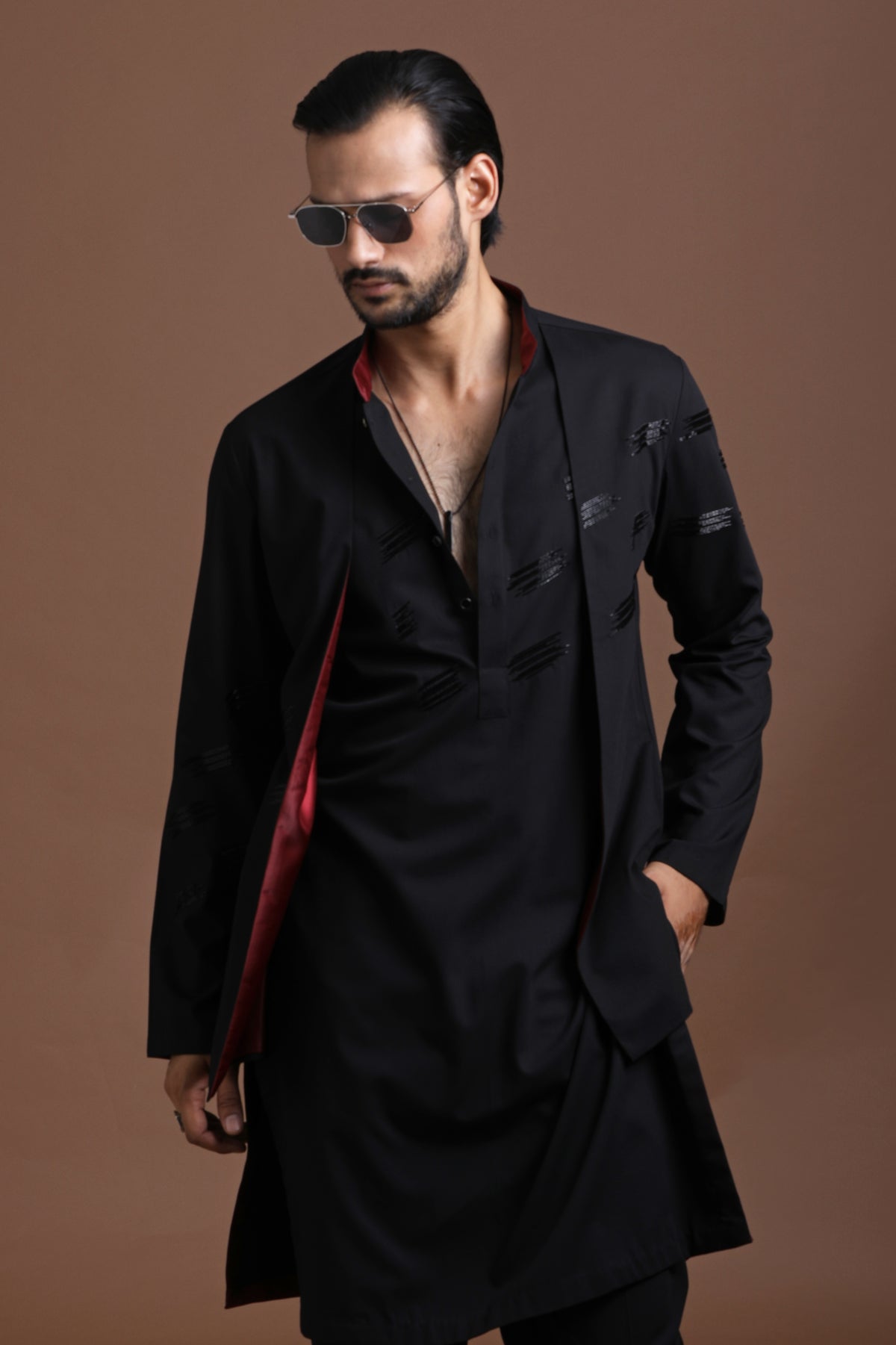 Black Brushstroke Kurta Jacket Set