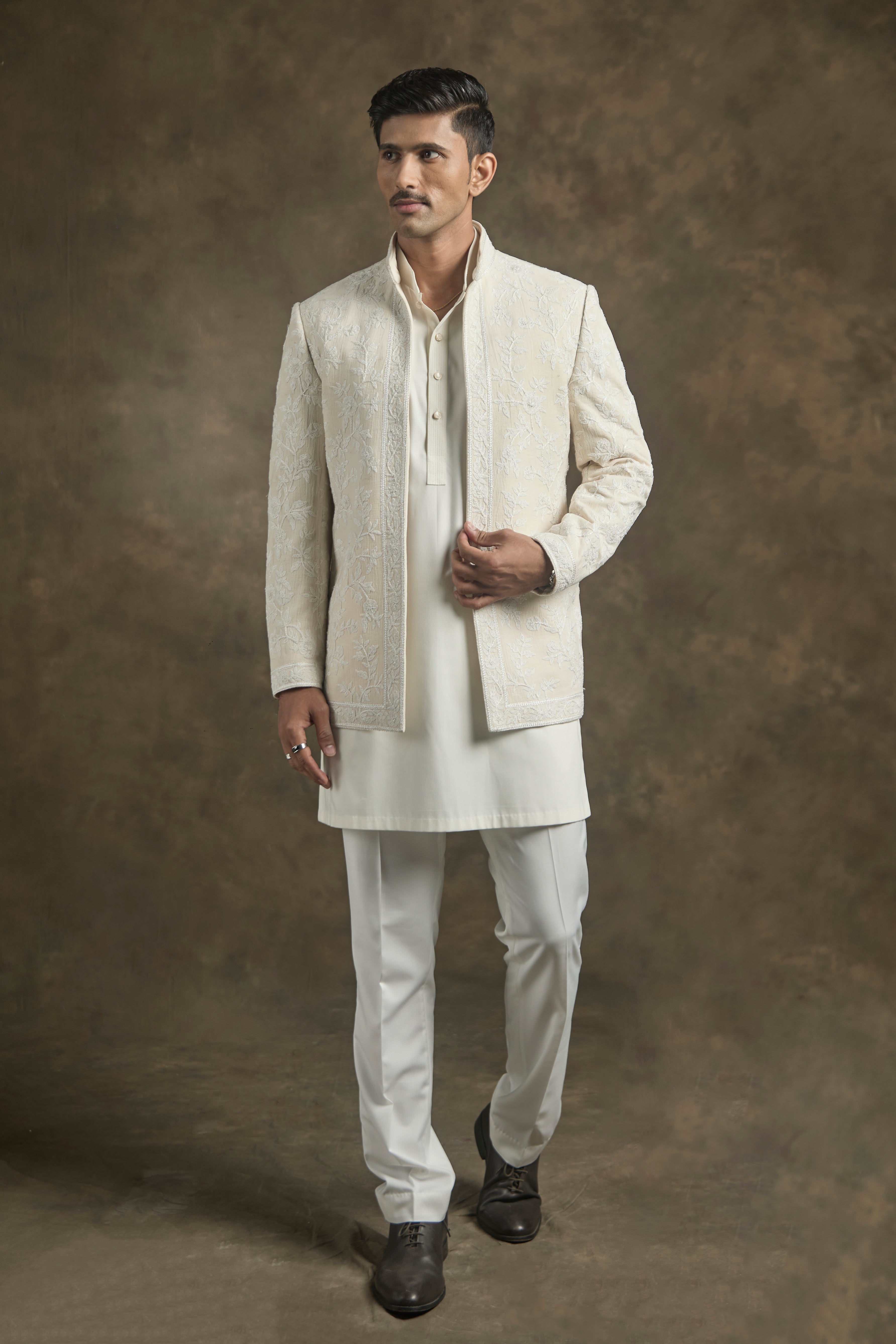 Cream Embroidered Bandhgala Ensemble