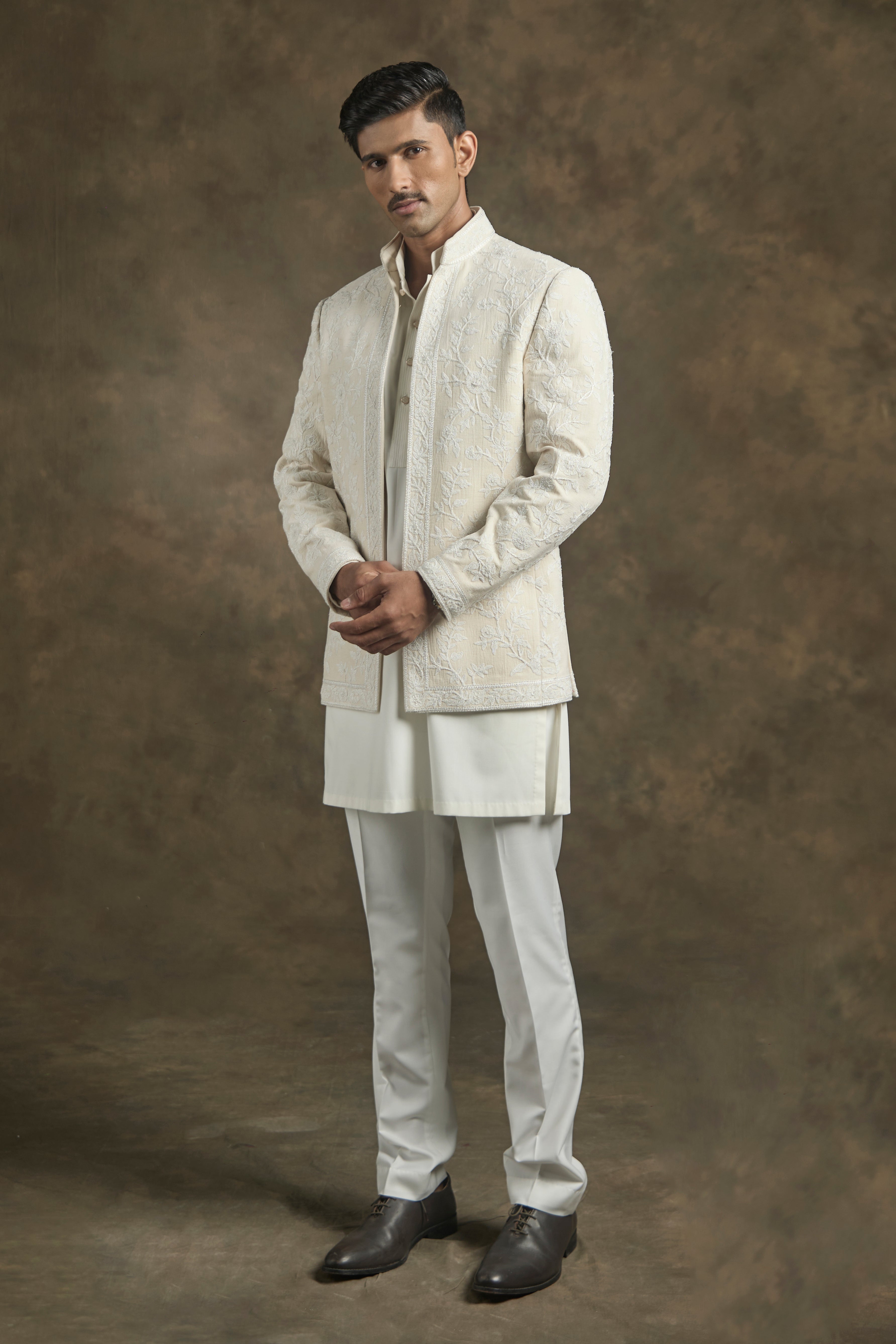 Cream Embroidered Bandhgala Ensemble