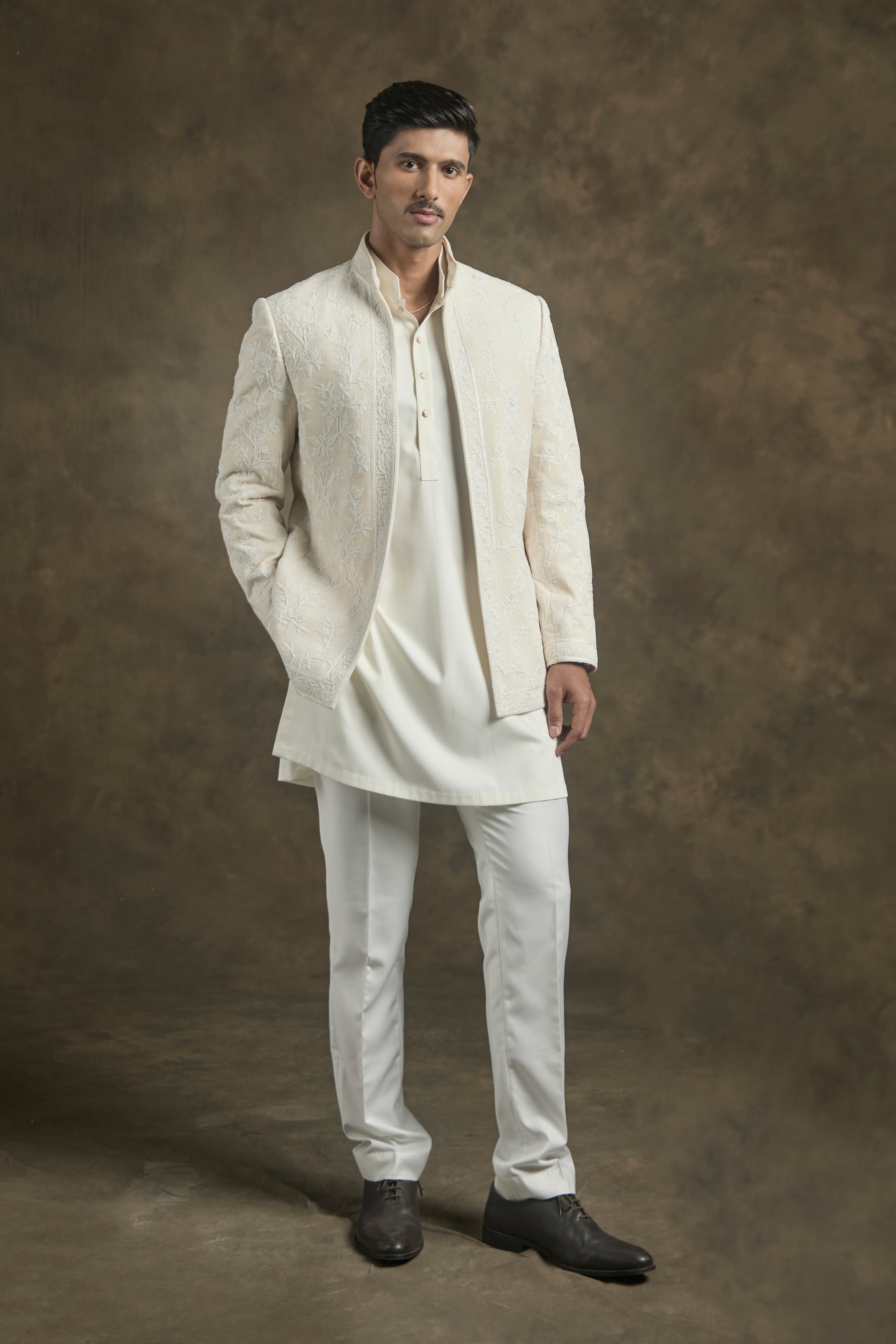 Cream Embroidered Bandhgala Ensemble