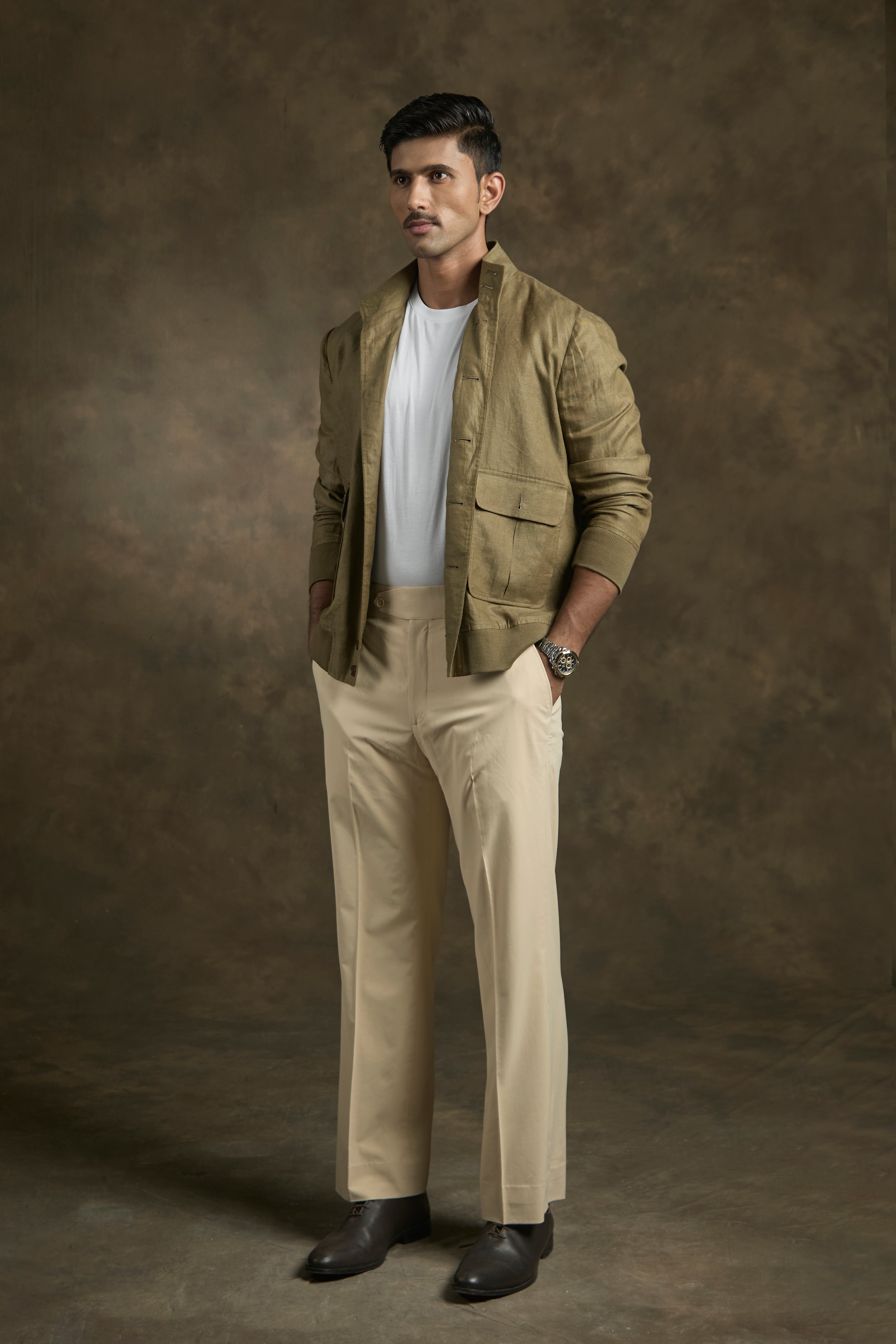 Olive Linen Bomber Jacket