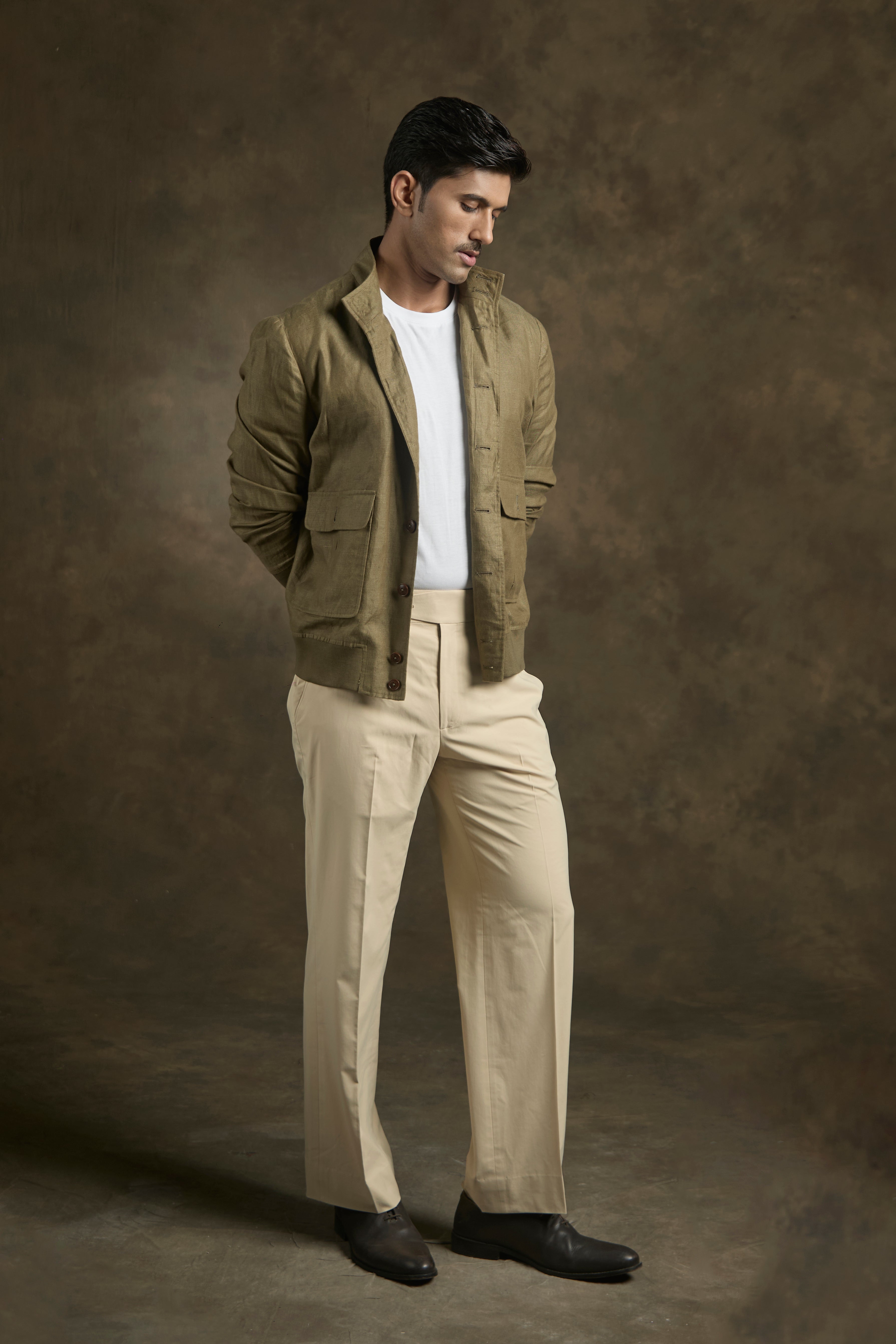 Olive Linen Bomber Jacket