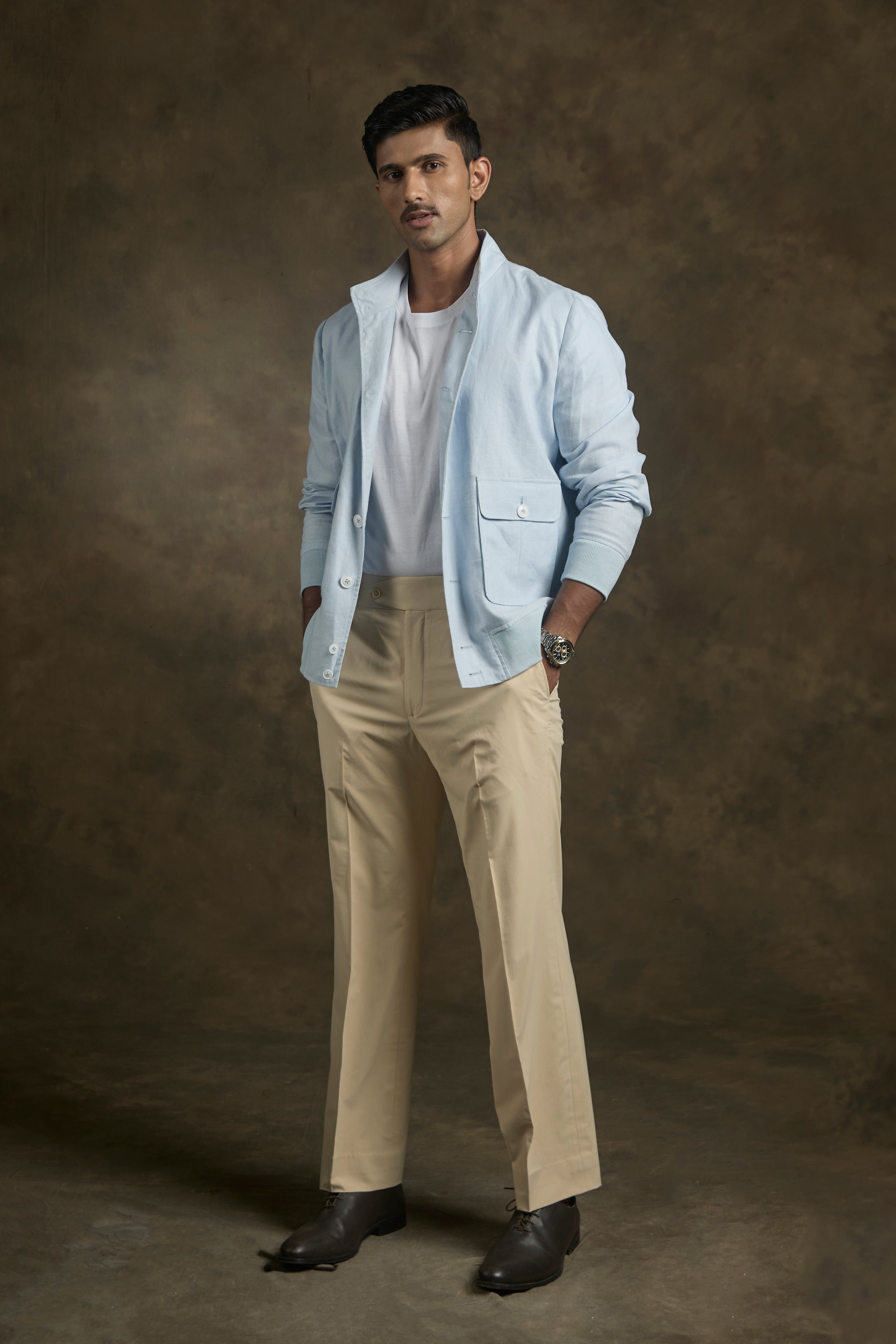 Sky Blue Linen Bomber Jacket