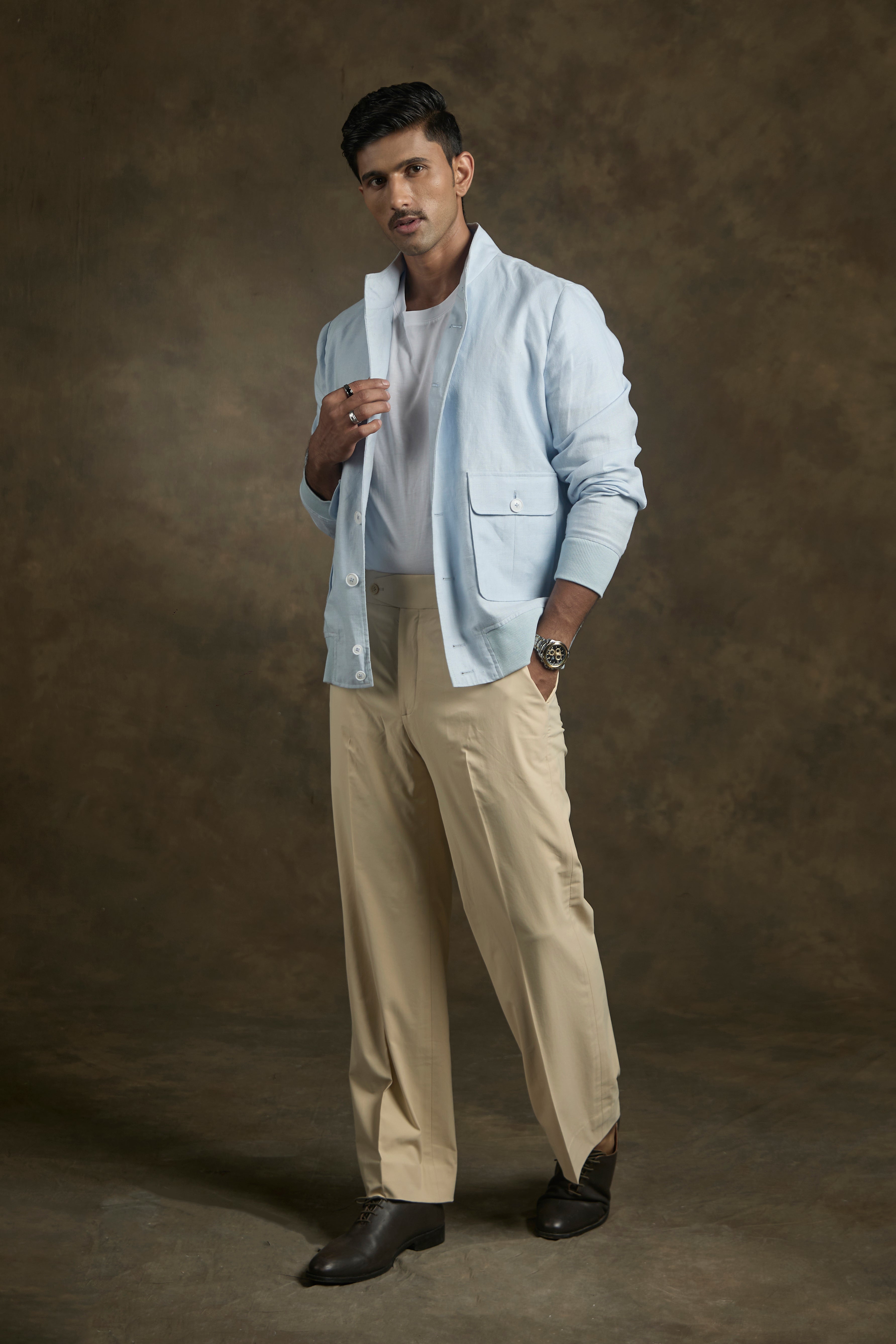 Sky Blue Linen Bomber Jacket