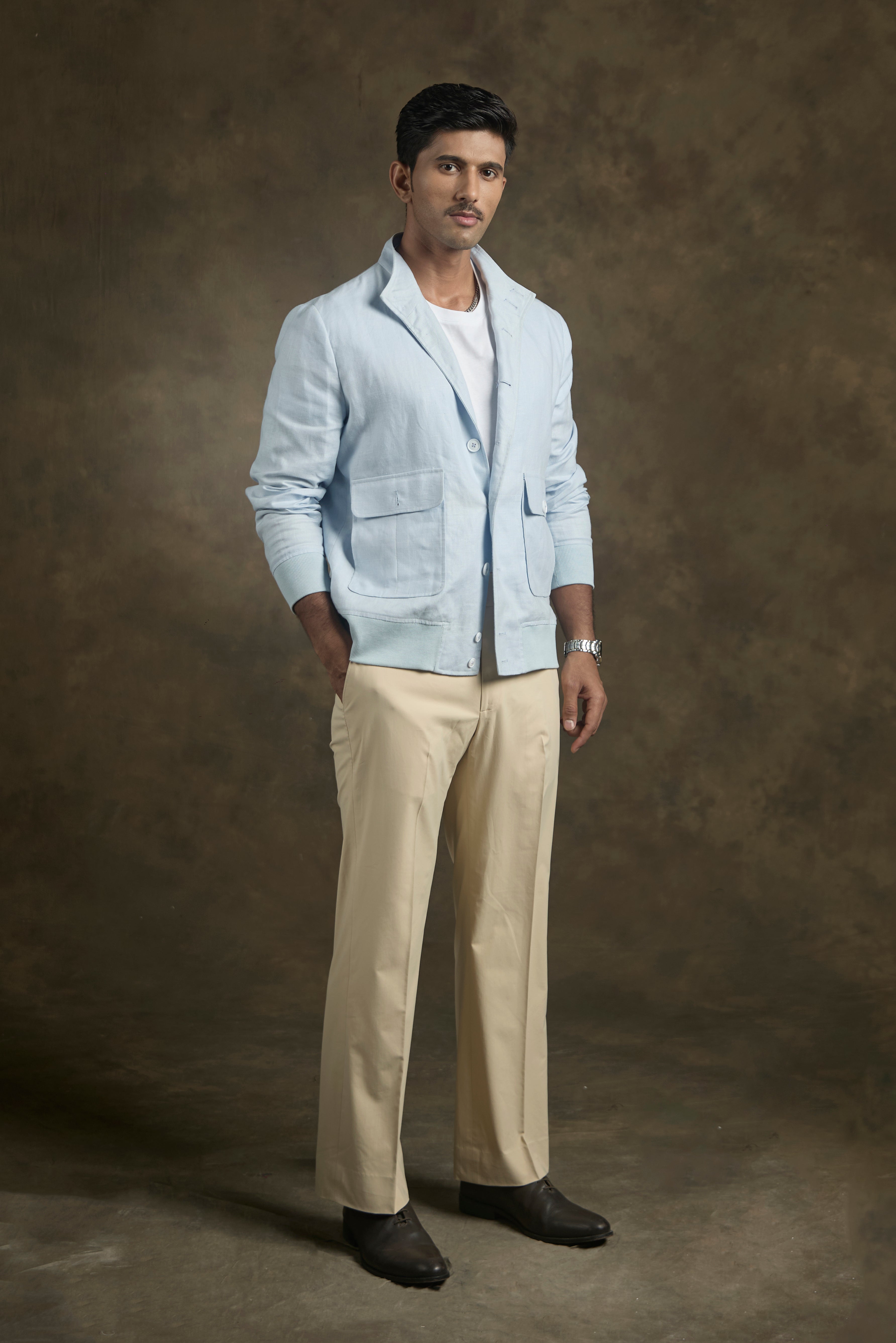 Sky Blue Linen Bomber Jacket