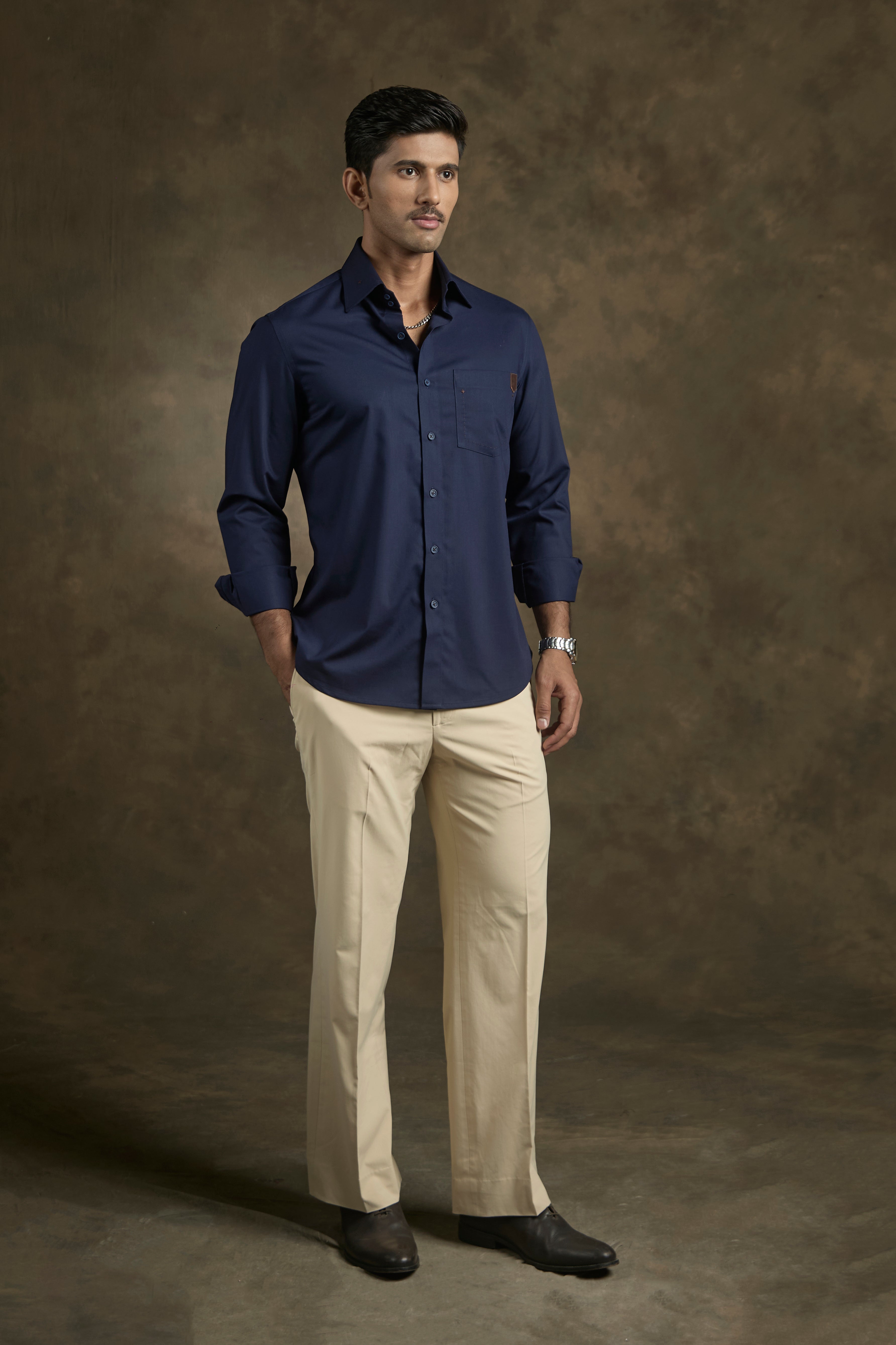 Navy Blue Shirt with leather pocket patchwork