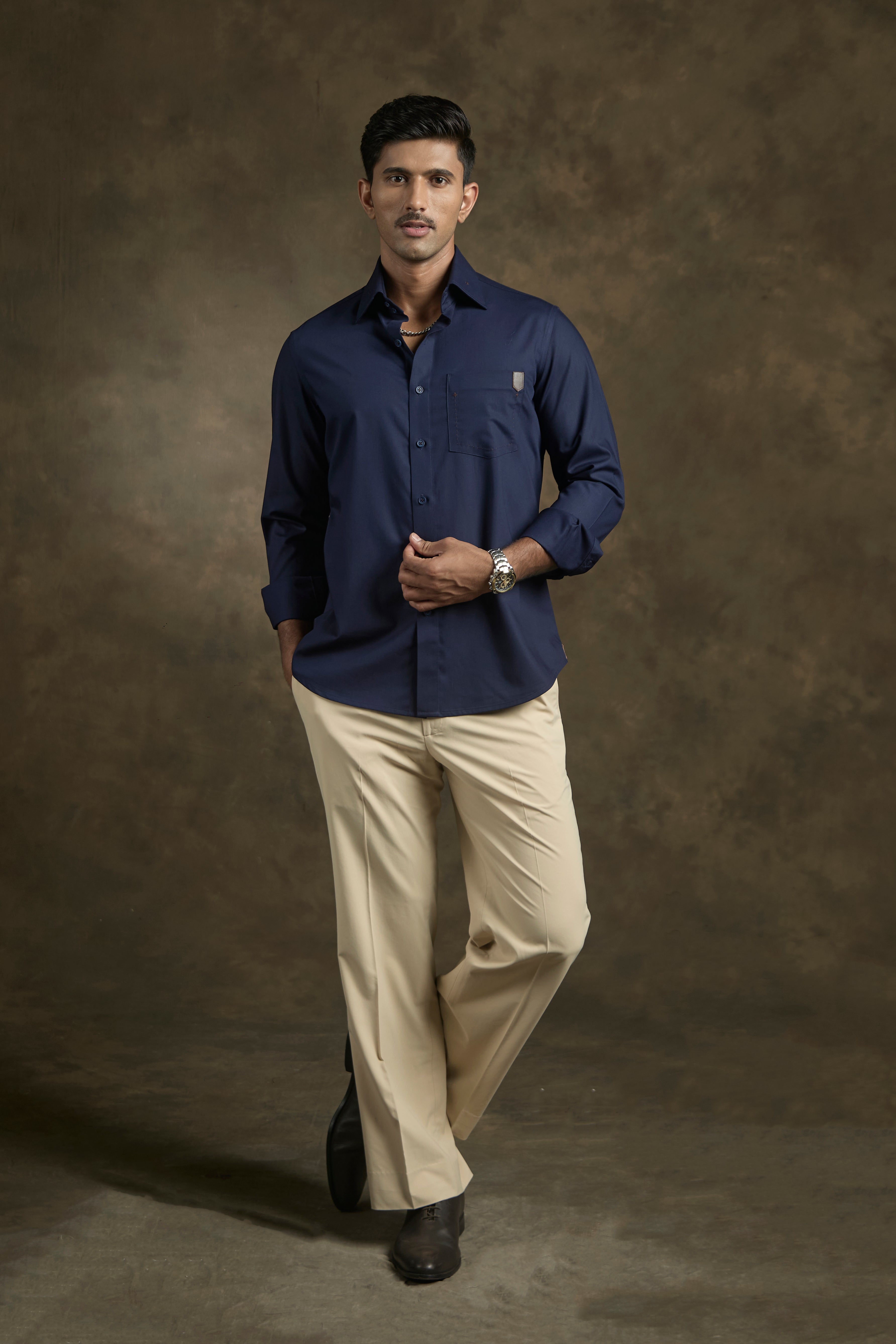 Navy Blue Shirt with leather pocket patchwork