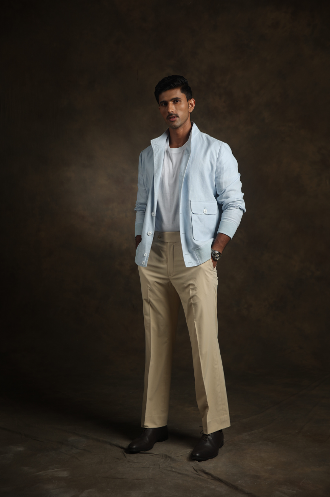 Sky Blue Linen Bomber Jacket