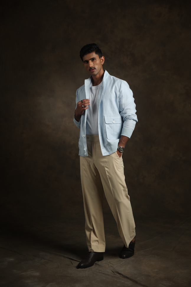 Sky Blue Linen Bomber Jacket