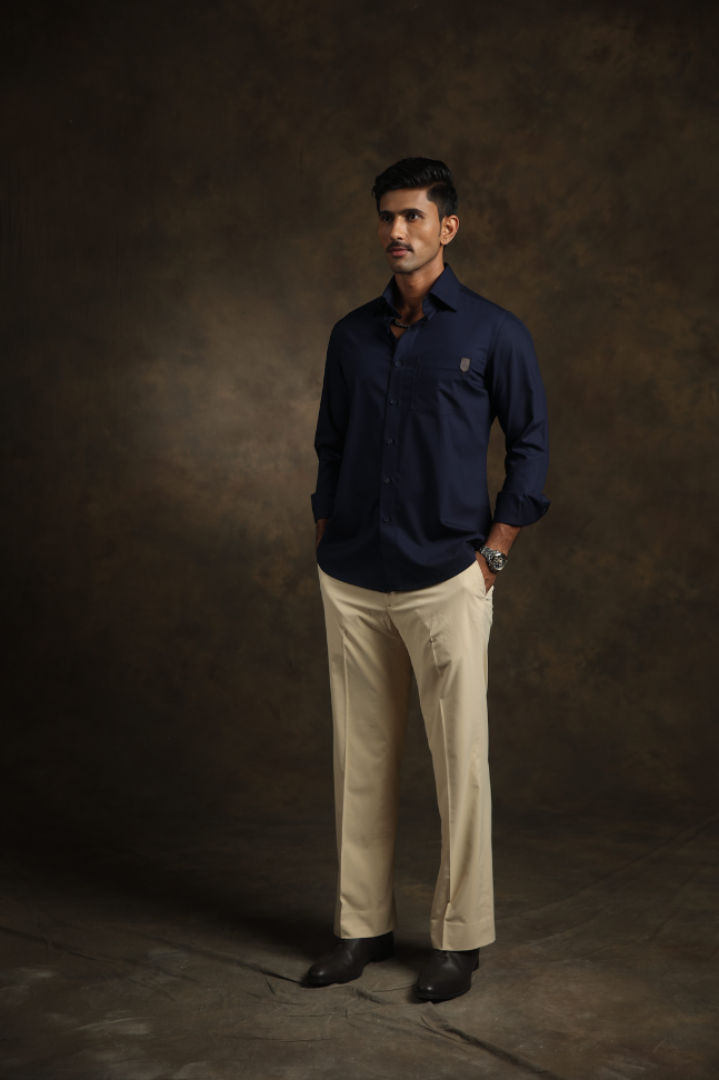 Navy Blue Shirt with leather pocket patchwork
