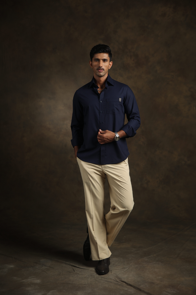 Navy Blue Shirt with leather pocket patchwork