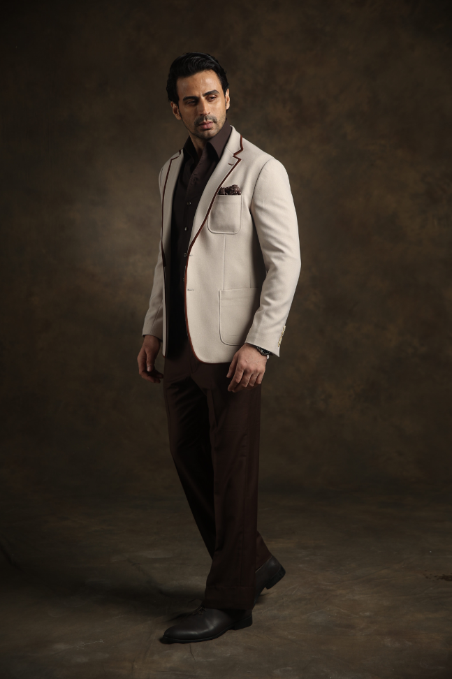 Cream Blazer with Brown Detailing