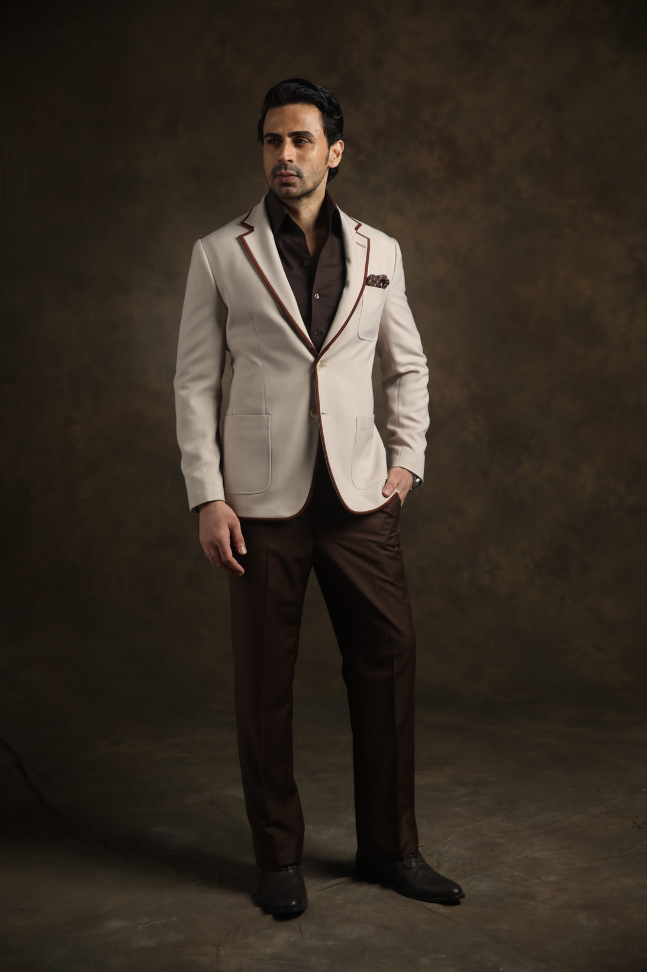 Cream Blazer with Brown Detailing