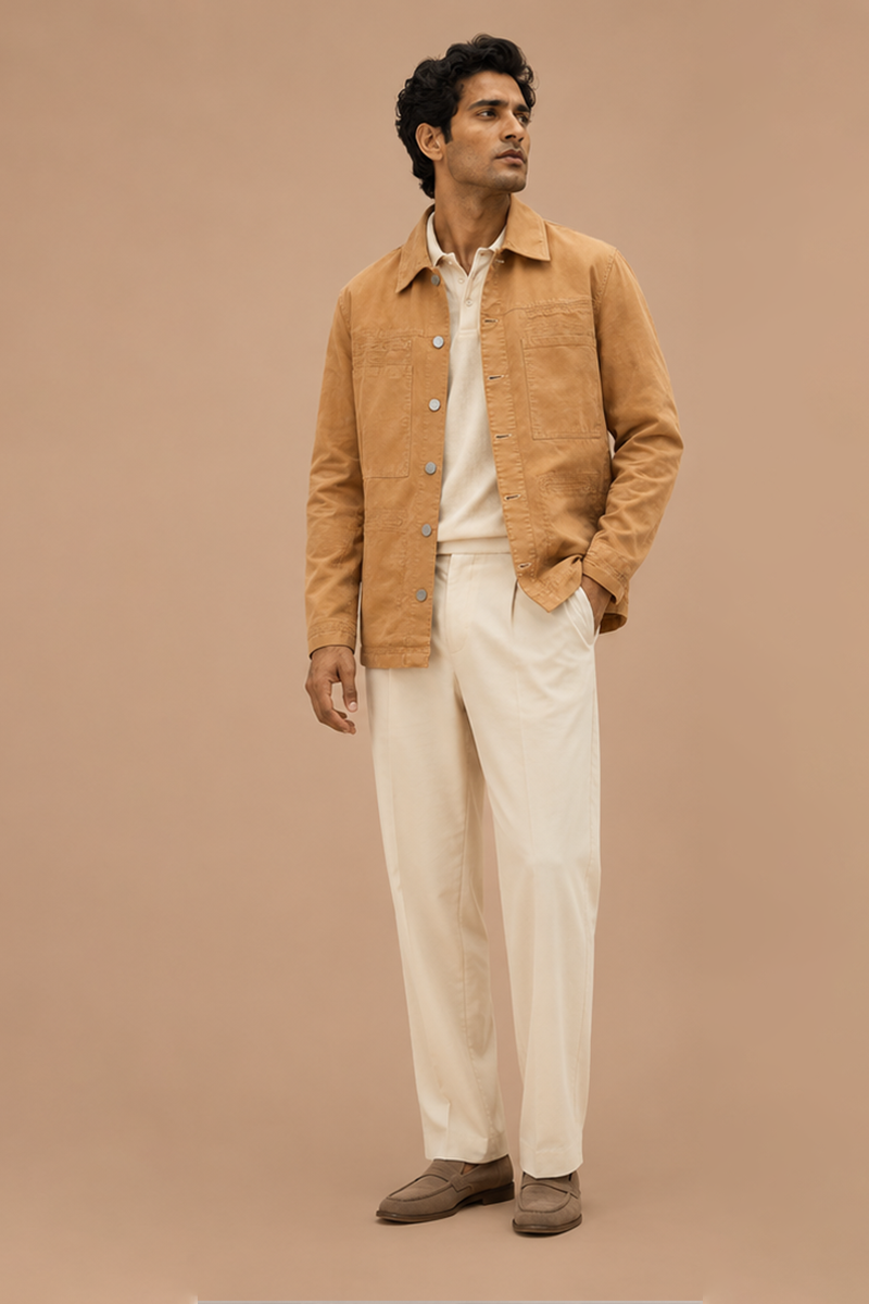 Male model wearing a warm sand-tone shacket with patch pockets, layered over an ivory polo and cream trousers, standing against a beige backdrop.