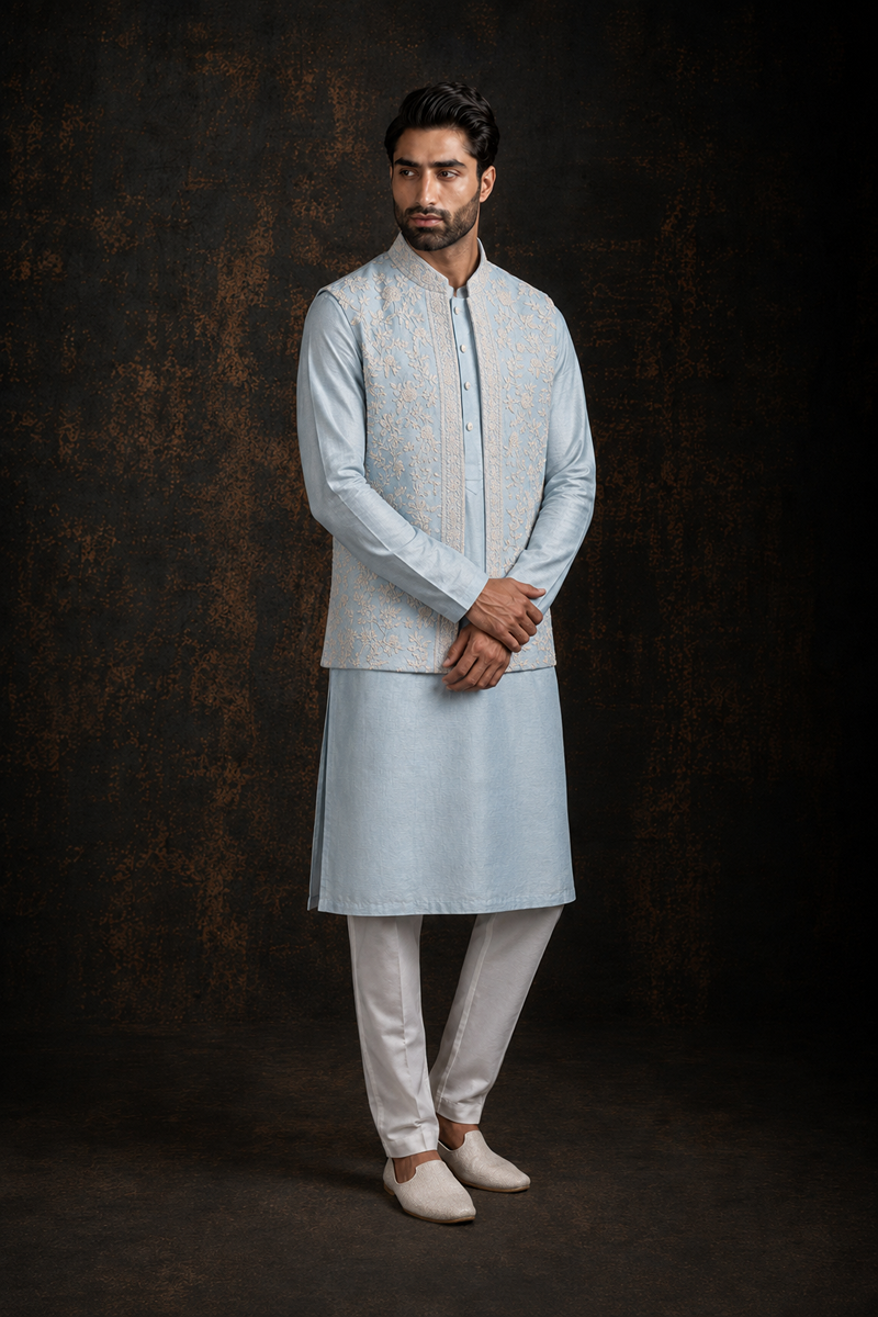 Powder Blue Floral Nehru Set