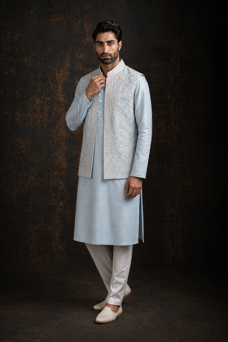 Powder Blue Floral Nehru Set