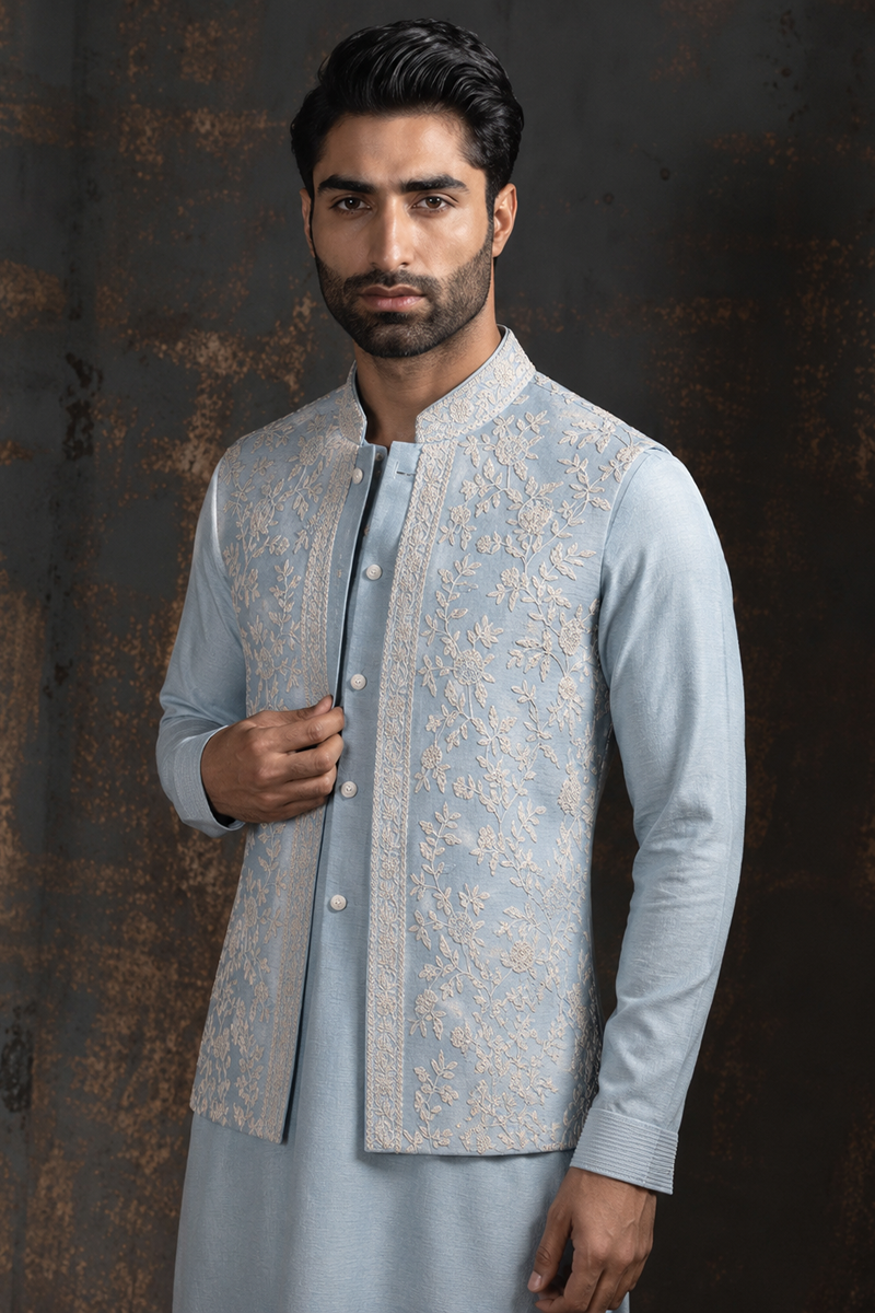 Powder Blue Floral Nehru Set
