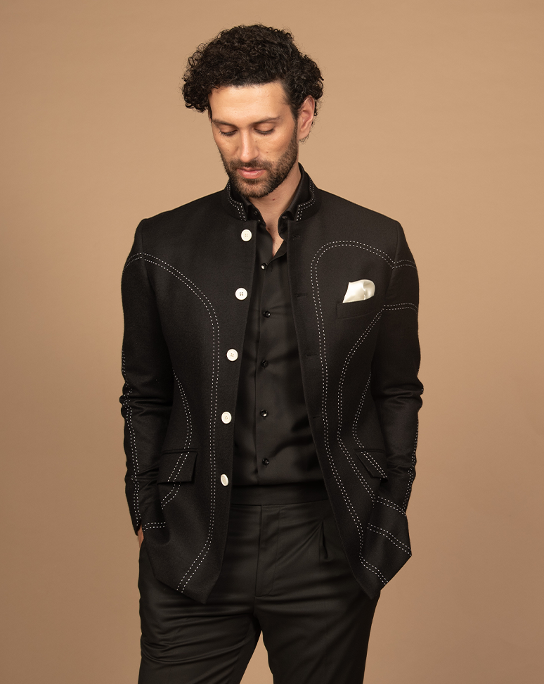 Black Thread Work Bandhgala Jacket