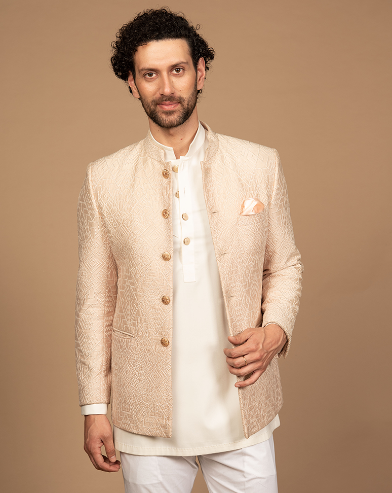 Beige Geometrical Embroidered Bandhgala