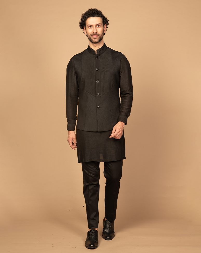 Black Pintuck Nehru Jacket Kurta Set