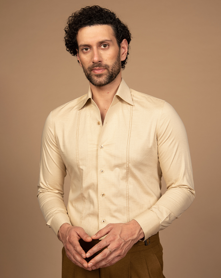 Ivra – Ivory Pleated Micro-Check Shirt