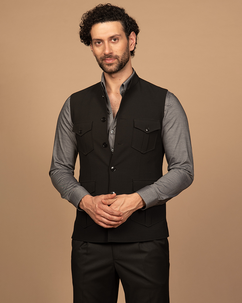 Black Patch Pocket Waist Coat