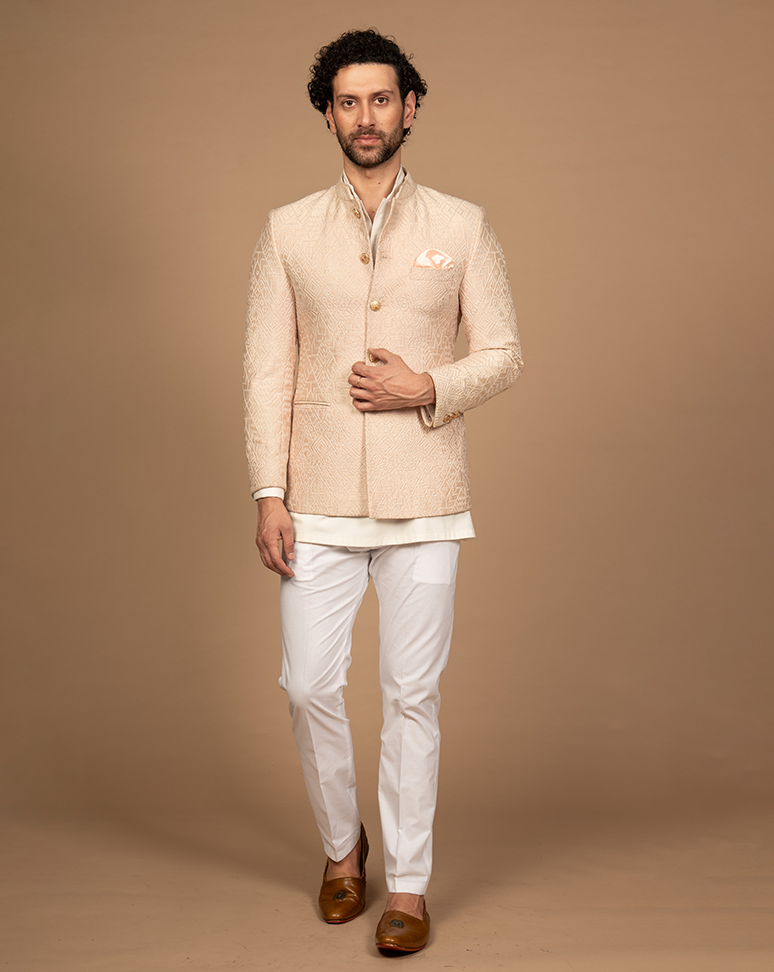 Beige Geometrical Embroidered Bandhgala